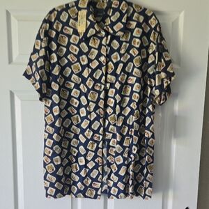 Blue Casual Button Down Shirt with Geometric‎ Pattern